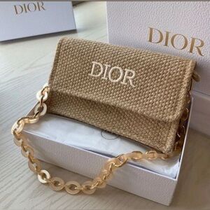CHRISTIAN DIOR Raffia Jute Handbag with Acrylic and Metal Chain